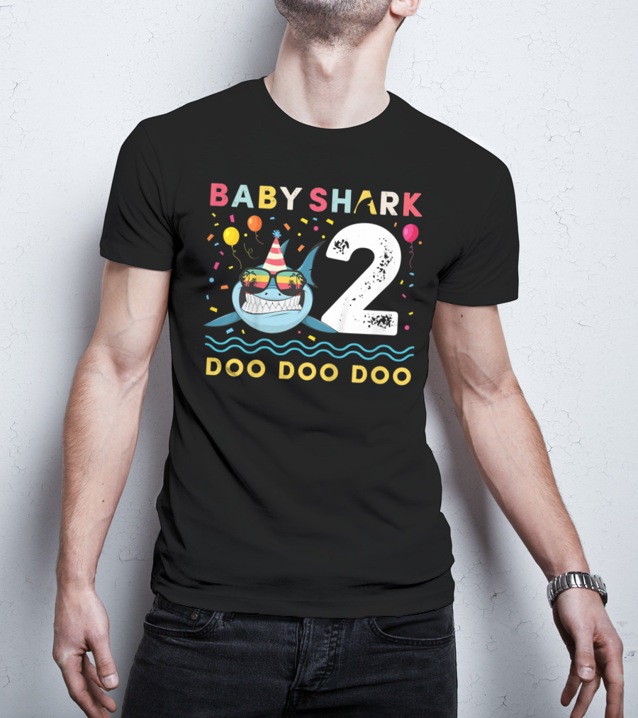 Baby Shark 2nd Birthday Doo Doo Doo Toddler Kids Party Hat Balloons T-Shirt