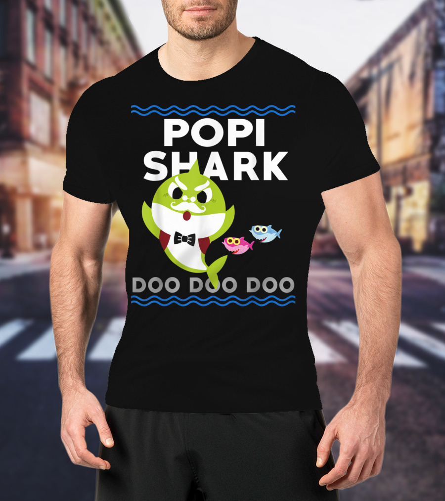 Popi Shark Doo Doo Doo Mustached Bowtie Shark With Cute Colorful Fish T-Shirt