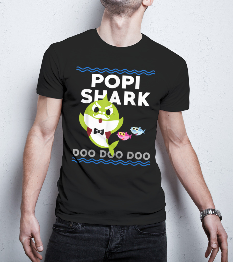 Popi Shark Doo Doo Doo Mustached Bowtie Shark With Cute Colorful Fish T-Shirt