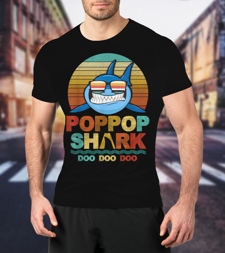 Poppop Shark Doo Doo Doo Retro Sunglasses Vintage Stripes T-Shirt