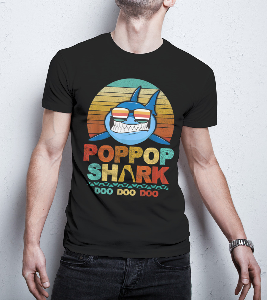 Poppop Shark Doo Doo Doo Retro Sunglasses Vintage Stripes T-Shirt