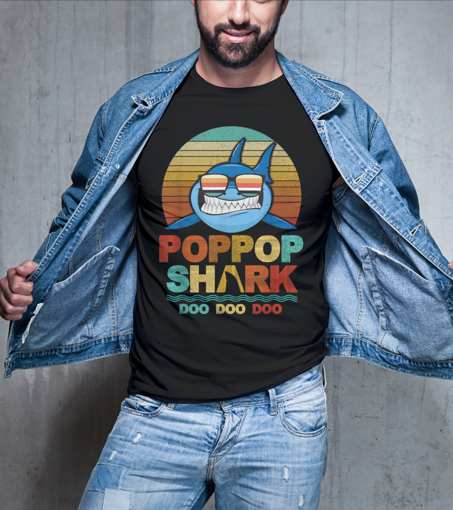 Poppop Shark Doo Doo Doo Retro Sunglasses Vintage Stripes T-Shirt