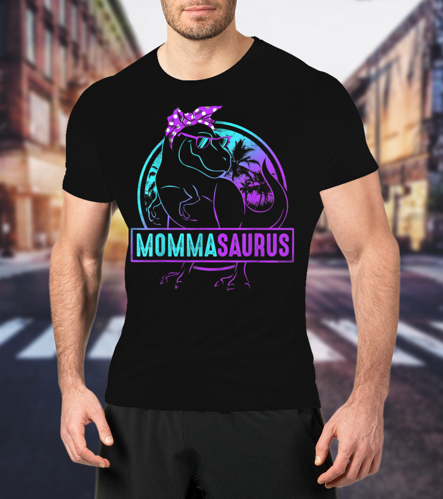 Mommasaurus Dinosaur With Bandana Sunglasses And Tropical Background T-Shirt