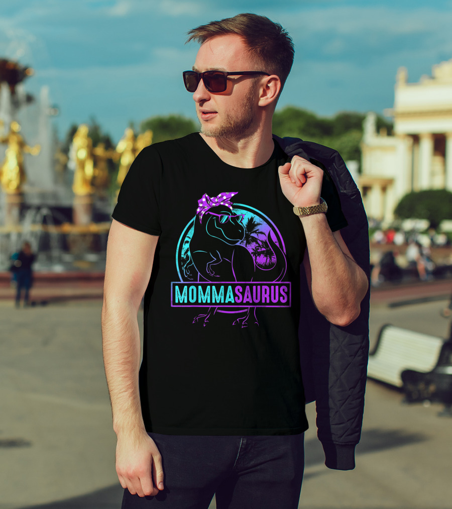 Mommasaurus Dinosaur With Bandana Sunglasses And Tropical Background T-Shirt