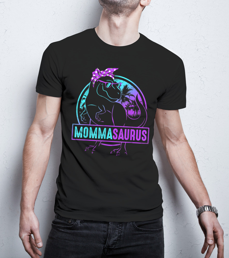 Mommasaurus Dinosaur With Bandana Sunglasses And Tropical Background T-Shirt