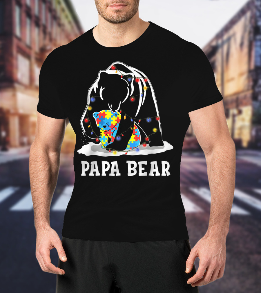 Papa Bear Autism Awareness Puzzle Piece Lights T-Shirt