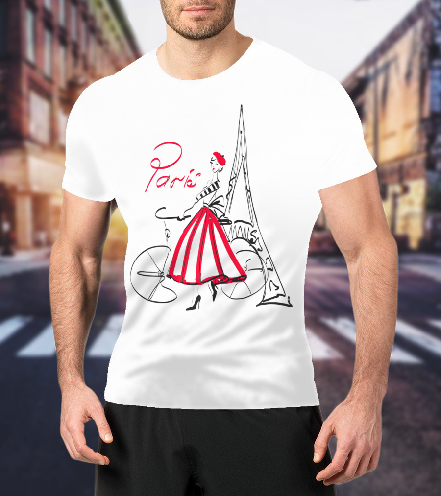 Paris Bicycle Woman With Eiffel Tower In Red Dress T-Shirt