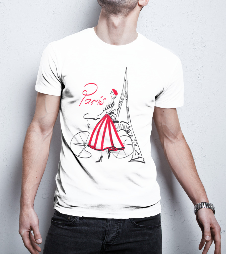 Paris Bicycle Woman With Eiffel Tower In Red Dress T-Shirt
