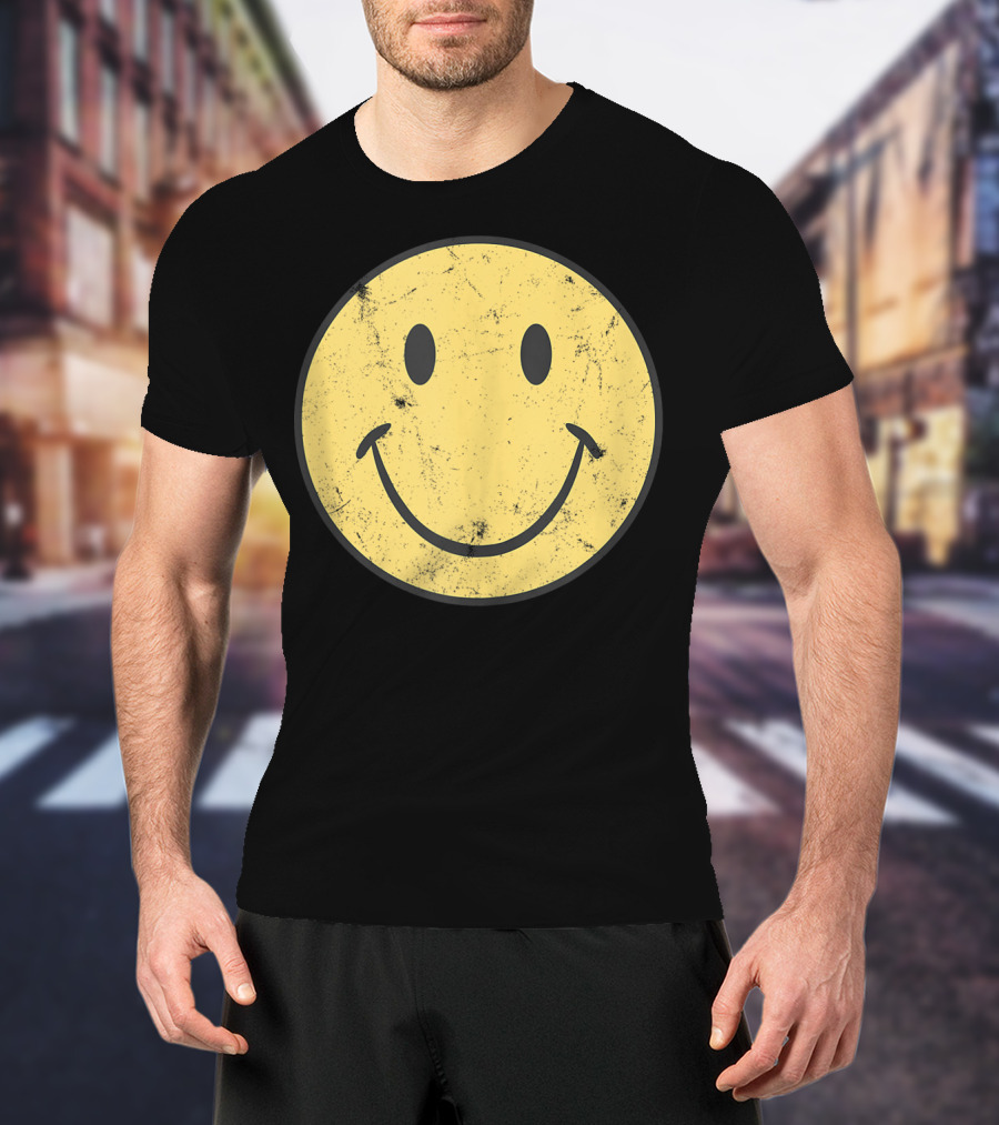 Retro 70s Smiley Face Distressed Yellow T-Shirt