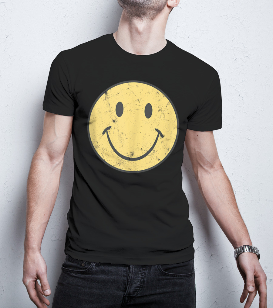 Retro 70s Smiley Face Distressed Yellow T-Shirt
