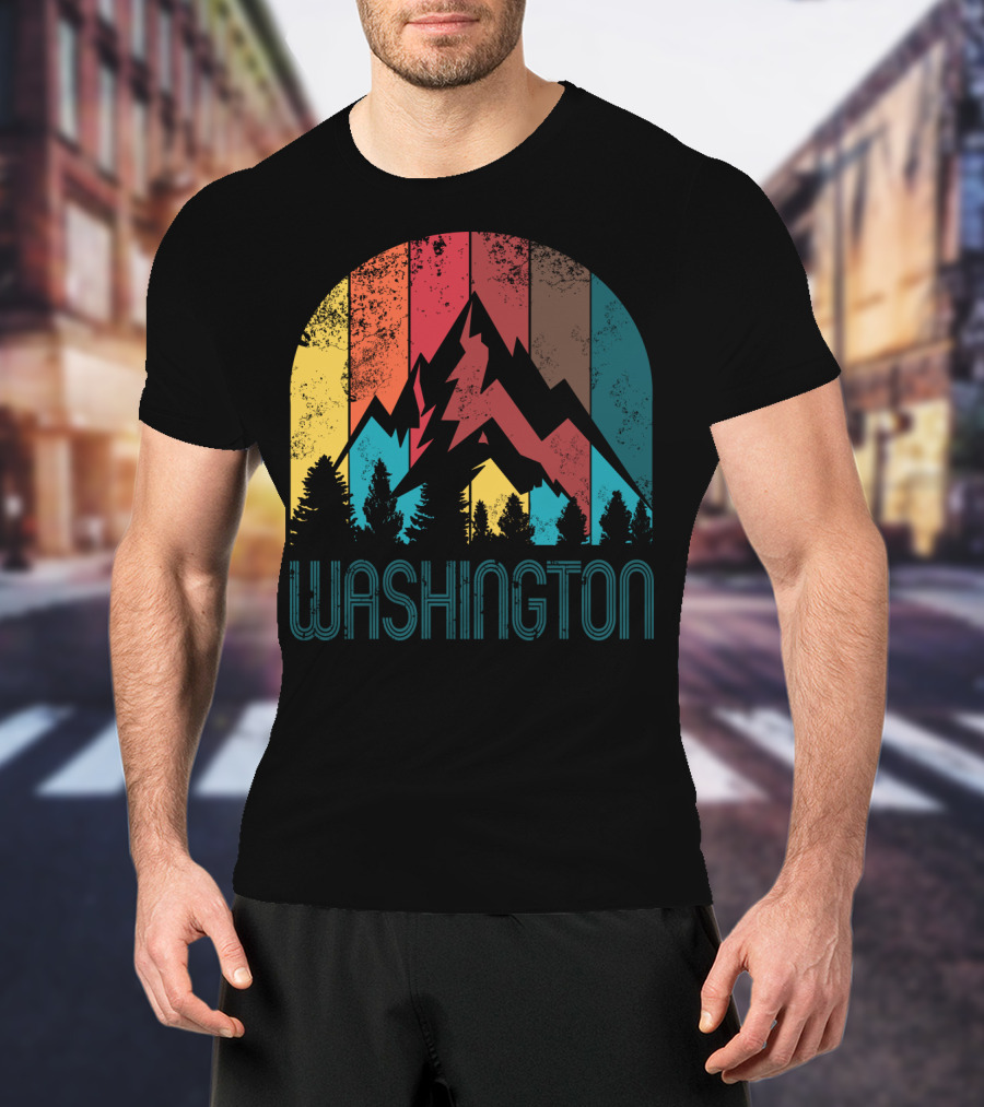 Washington Retro Mountain Landscape Forest Silhouette Vintage Multicolor Stripes T-Shirt