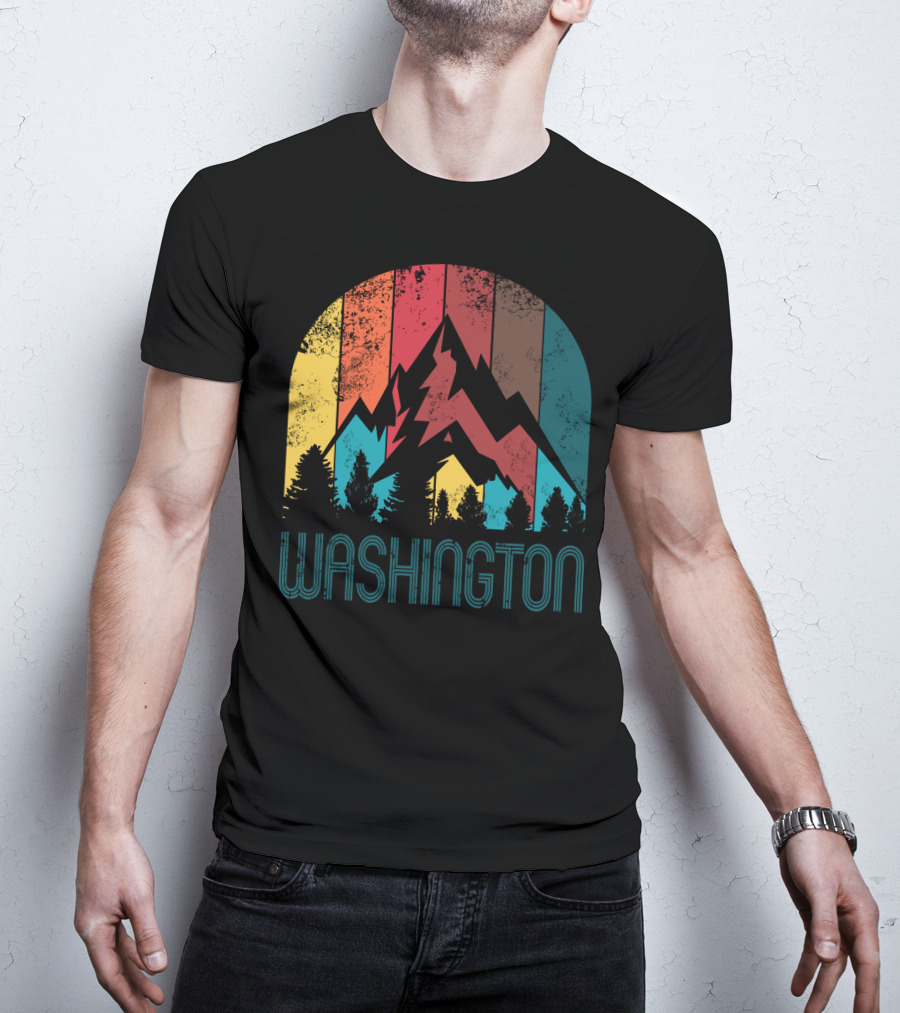 Washington Retro Mountain Landscape Forest Silhouette Vintage Multicolor Stripes T-Shirt
