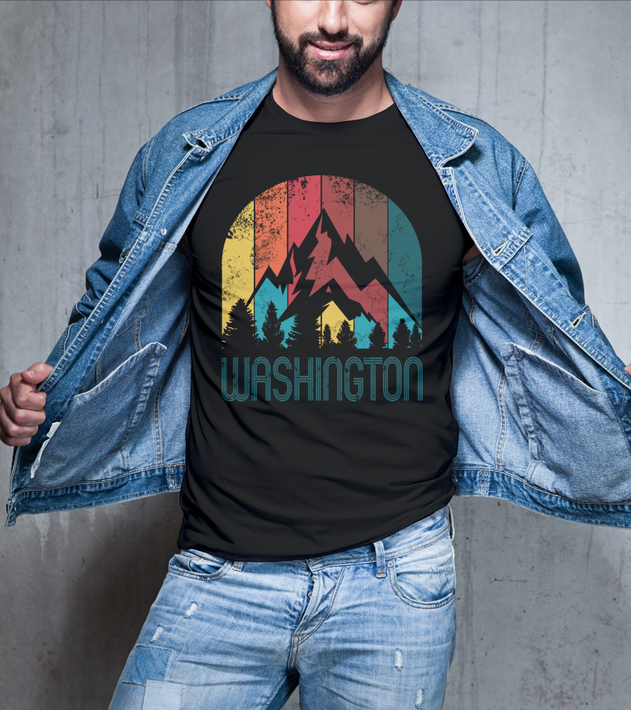 Washington Retro Mountain Landscape Forest Silhouette Vintage Multicolor Stripes T-Shirt