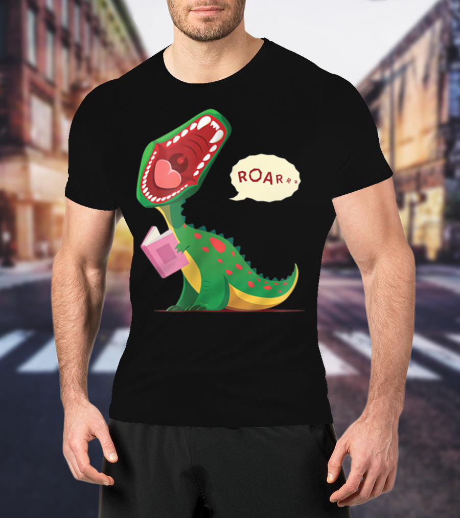 Roar Trex Dinosaur Holding Pink Book And Heart Inside Mouth T-Shirt