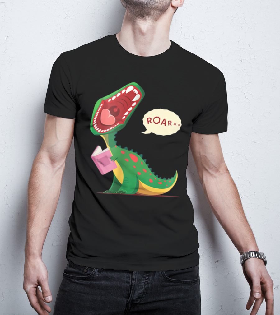 Roar Trex Dinosaur Holding Pink Book And Heart Inside Mouth T-Shirt
