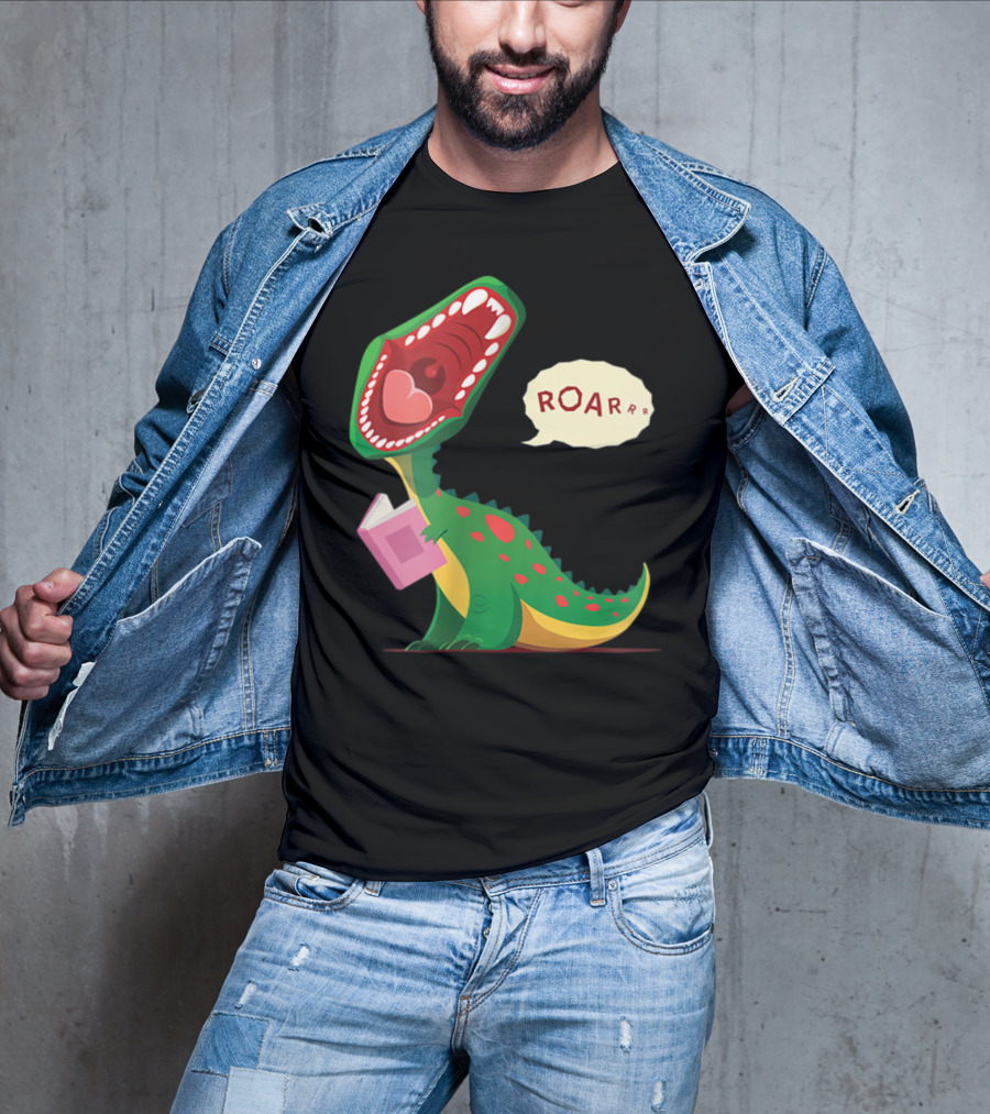 Roar Trex Dinosaur Holding Pink Book And Heart Inside Mouth T-Shirt