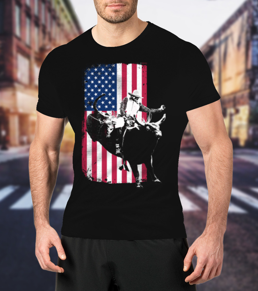 Rodeo Bull Rider American Flag Cowboy Patriot T-Shirt
