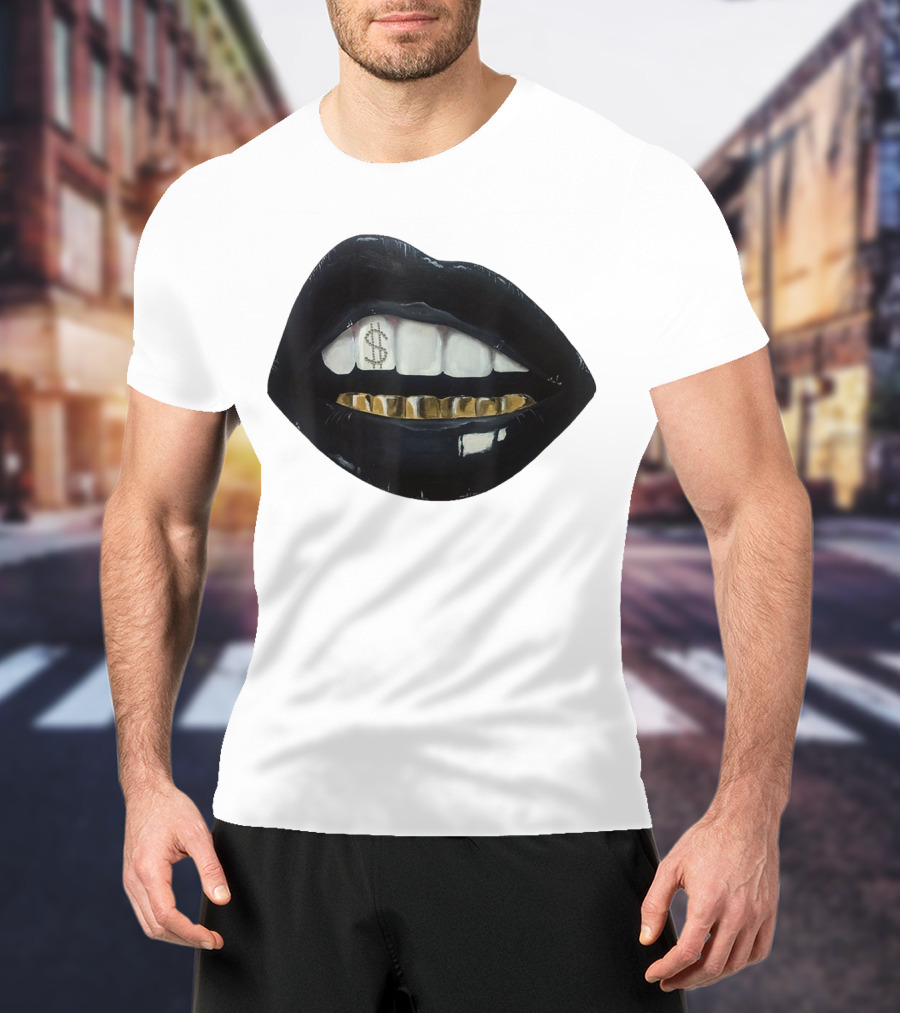 Red Black Lips Gold Teeth Dollar Smile T-Shirt