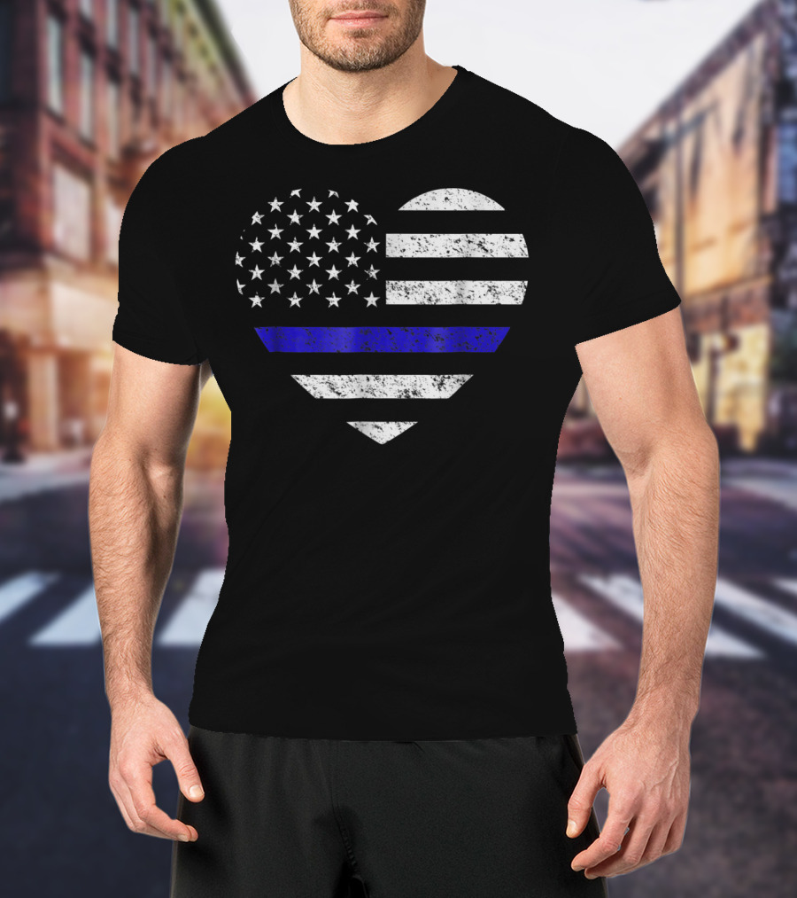 Thin Blue Line American Flag Heart Police Support T-Shirt