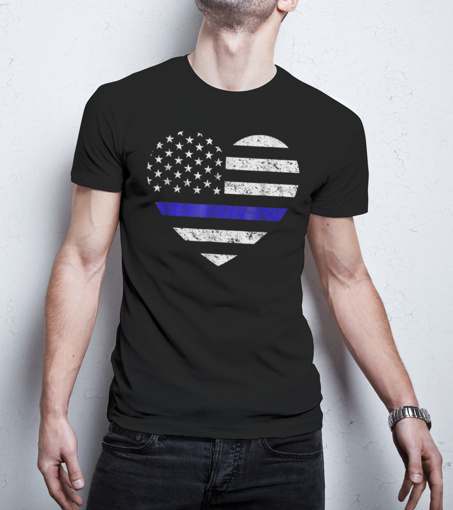Thin Blue Line American Flag Heart Police Support T-Shirt