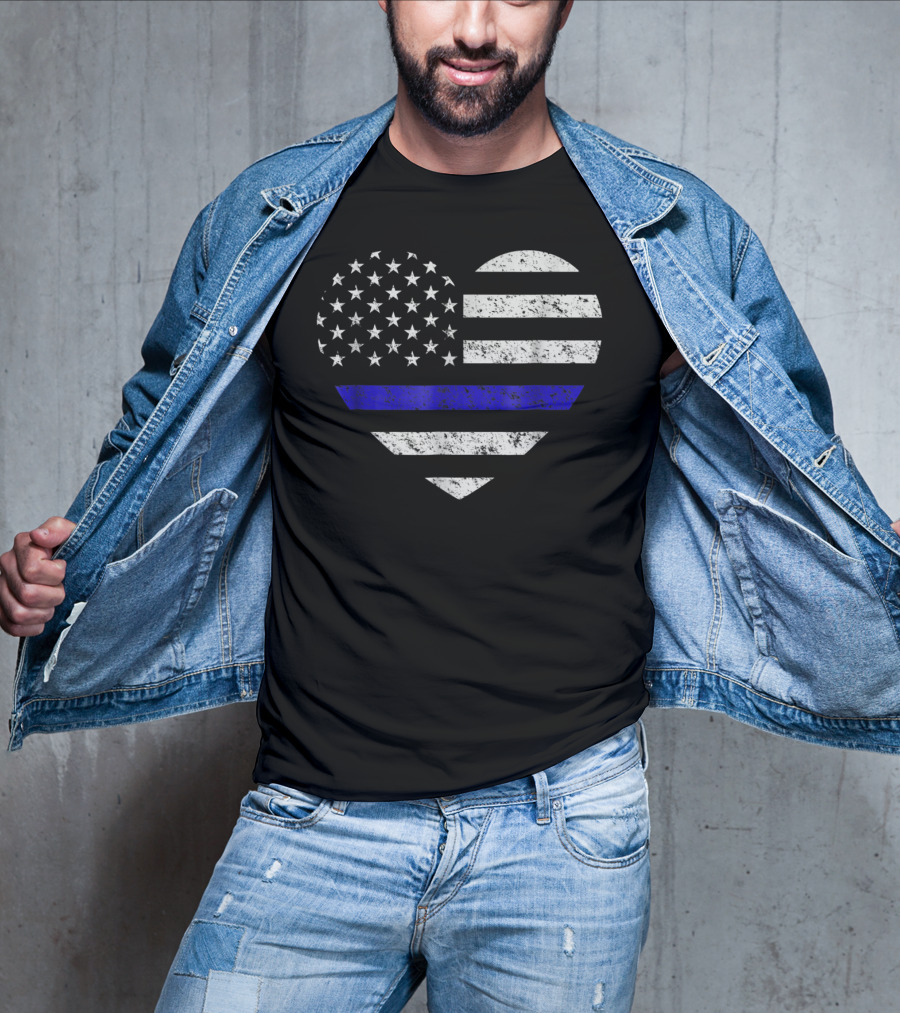 Thin Blue Line American Flag Heart Police Support T-Shirt