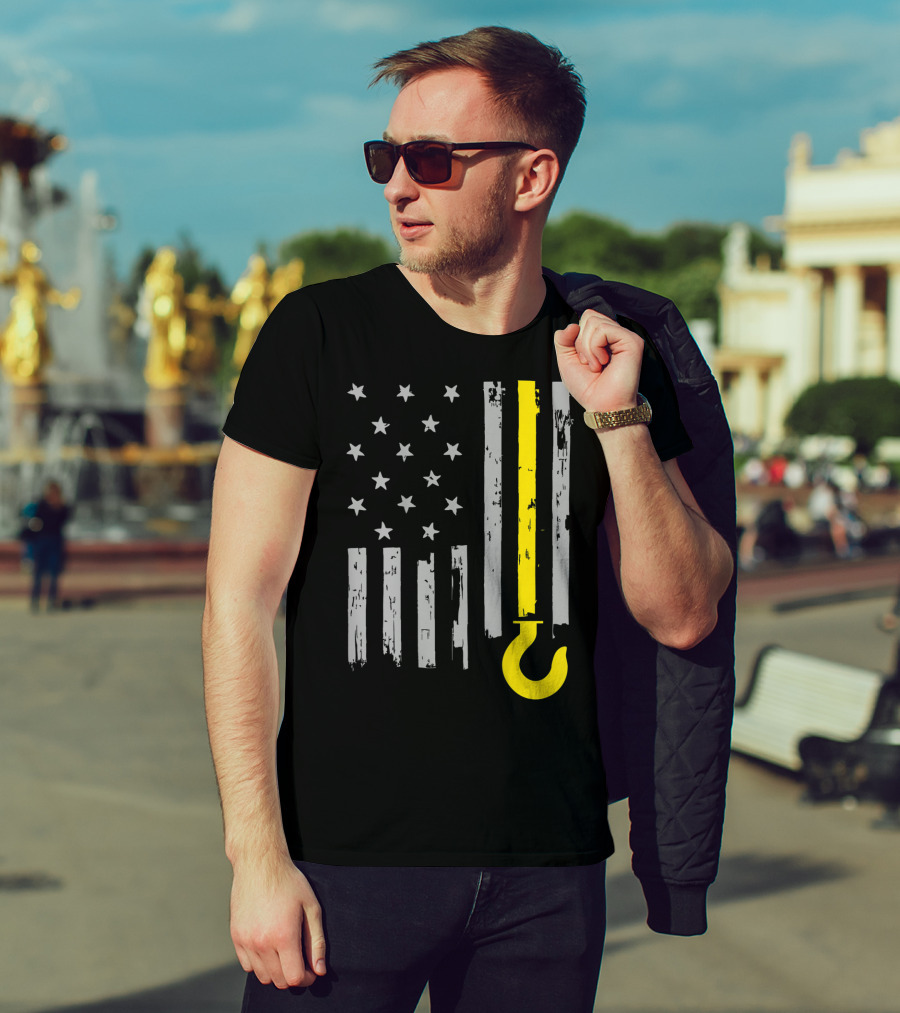 Tow Truck Driver American Flag Yellow Line Hook T-Shirt
