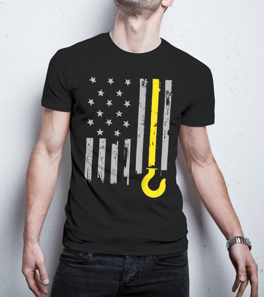 Tow Truck Driver American Flag Yellow Line Hook T-Shirt