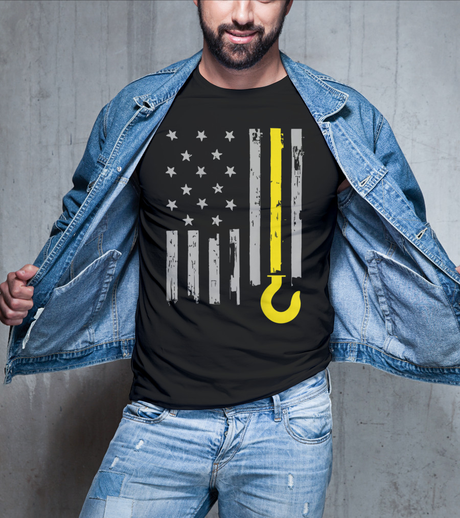Tow Truck Driver American Flag Yellow Line Hook T-Shirt