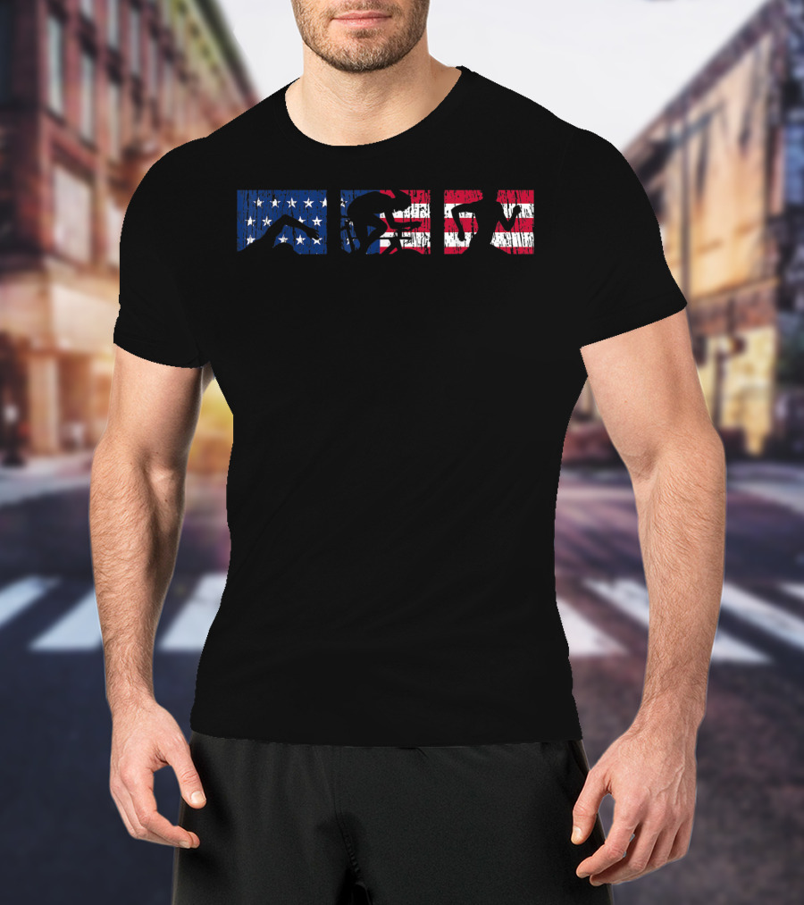 Triathlon Triathlete Run Bike American Flag T-Shirt