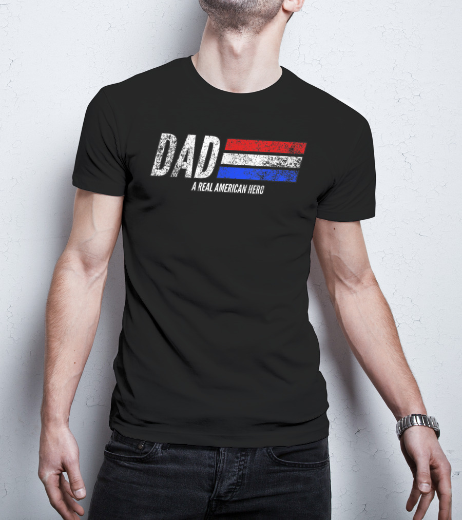 Vintage Dad A Real American Hero Distressed Red White Blue Stripes T-Shirt