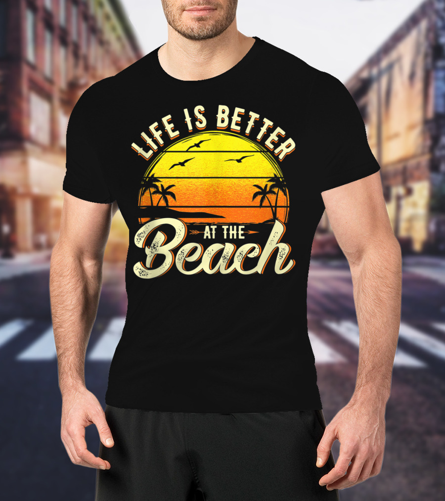 Life Is Better At The Beach Tropical Sunset With Palm Trees And Seagulls T-Shirt