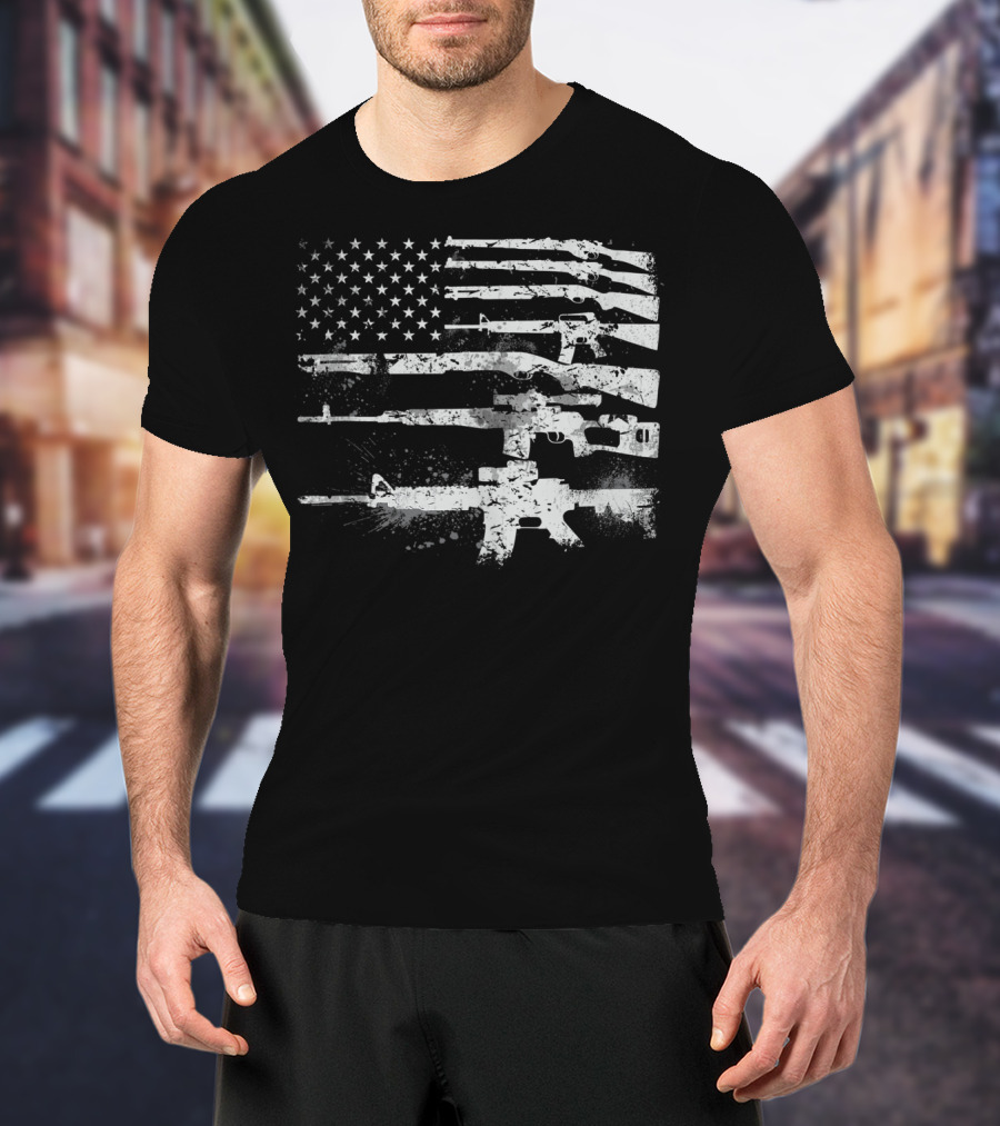 USA Flag Made Of Rifles Guns Weapons Military 2A Stripes T-Shirt