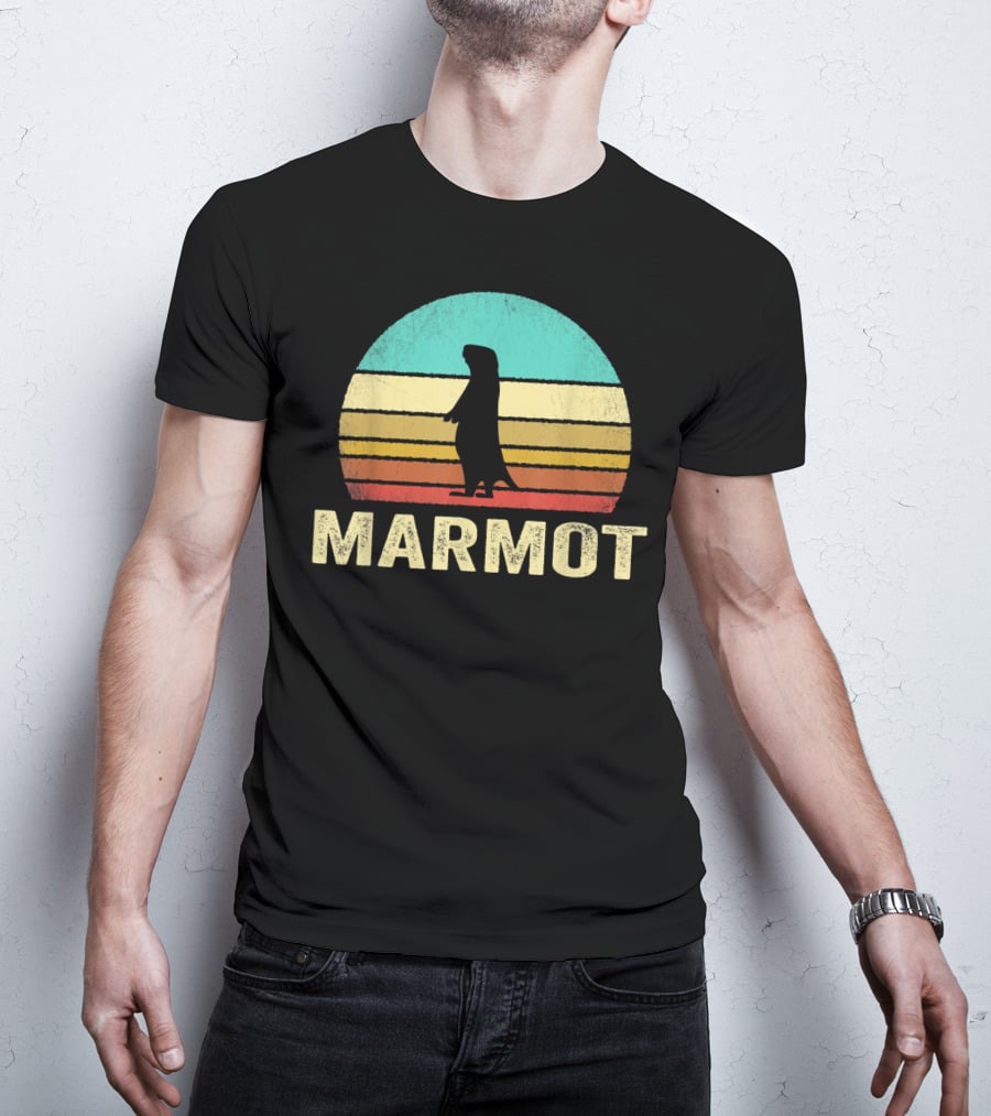 Retro Marmot Silhouette Sunset Stripes T-Shirt