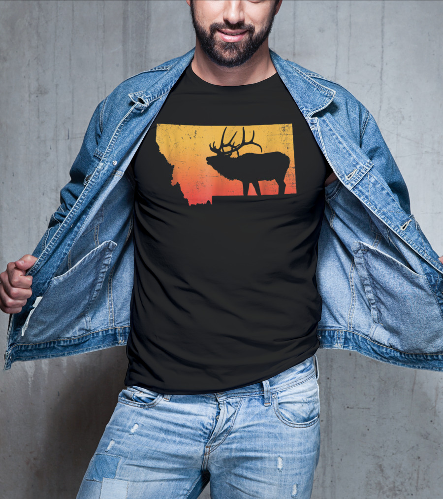 Montana Elk Silhouette Vintage Outdoors Sunset Scene T-Shirt