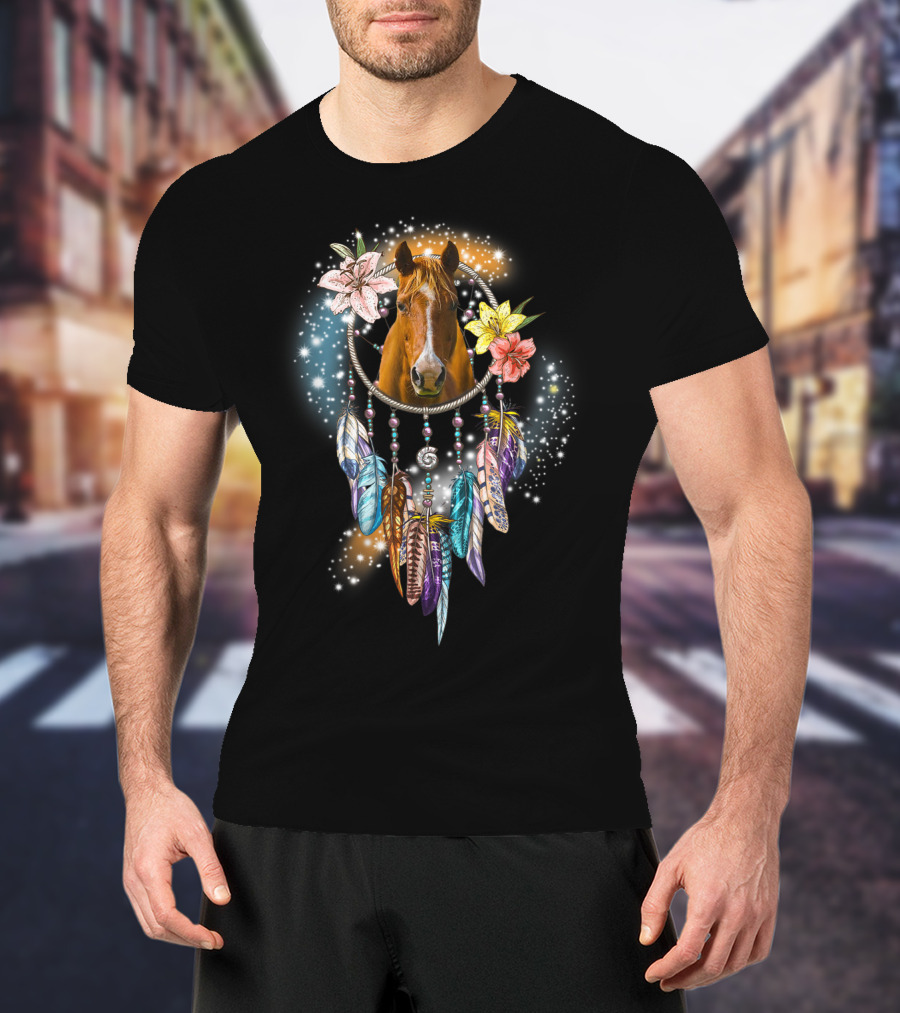 Horse Dreamcatcher Floral Feathers Sparkle T-Shirt