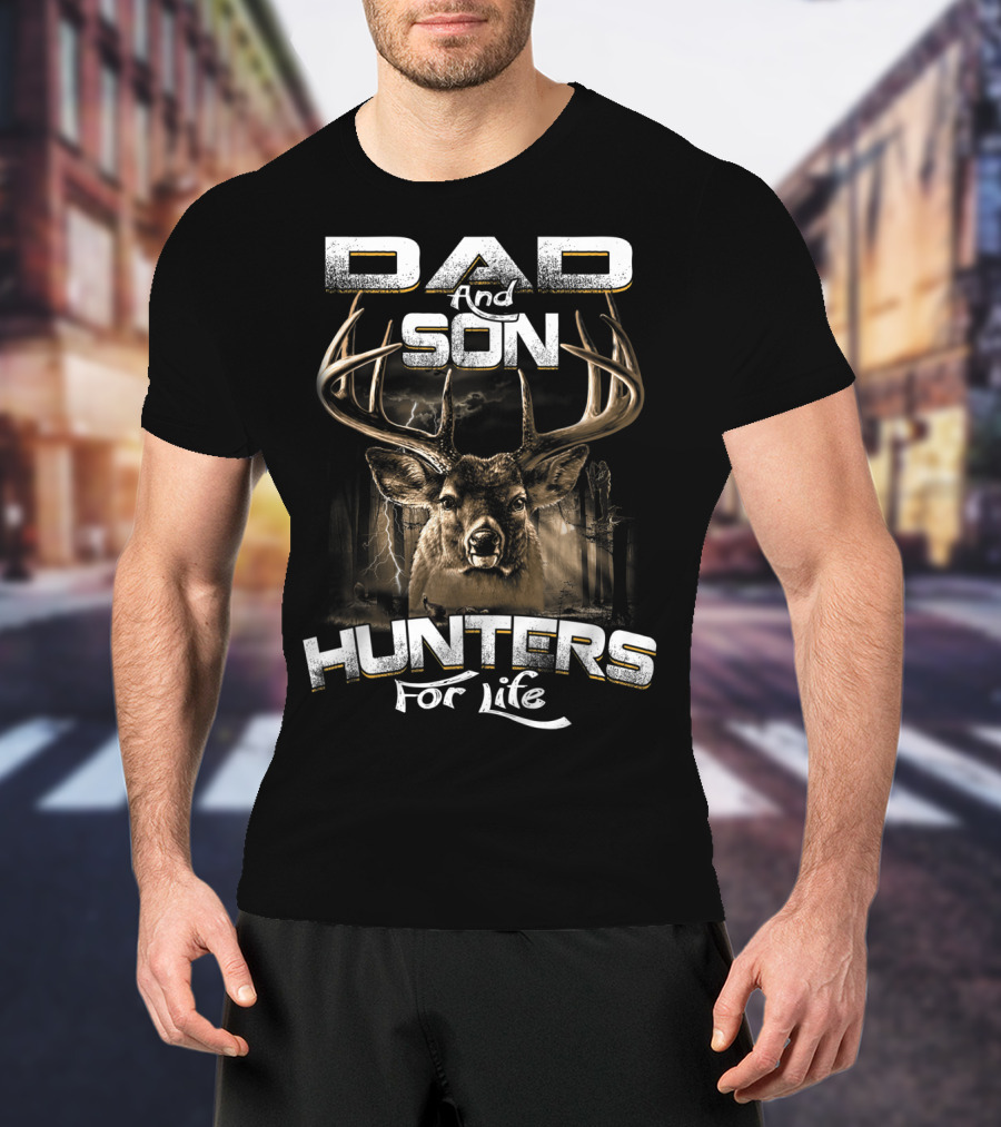 Dad And Son Hunters For Life Deer Antlers Forest Scene T-Shirt