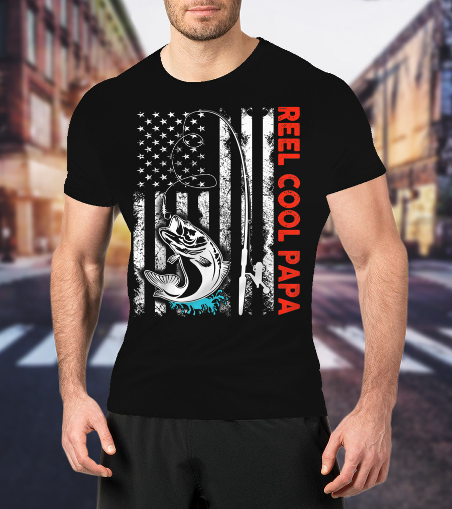 Reel Cool Papa American Flag Fishing Family Fun T-Shirt