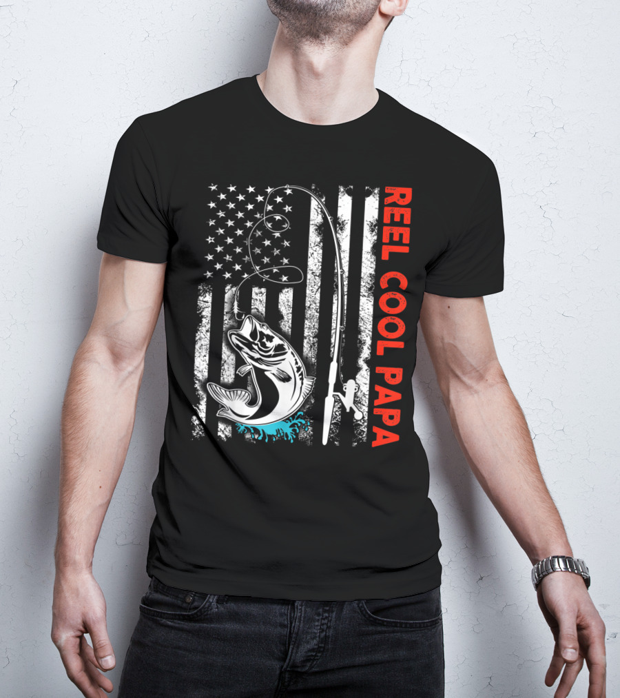 Reel Cool Papa American Flag Fishing Family Fun T-Shirt