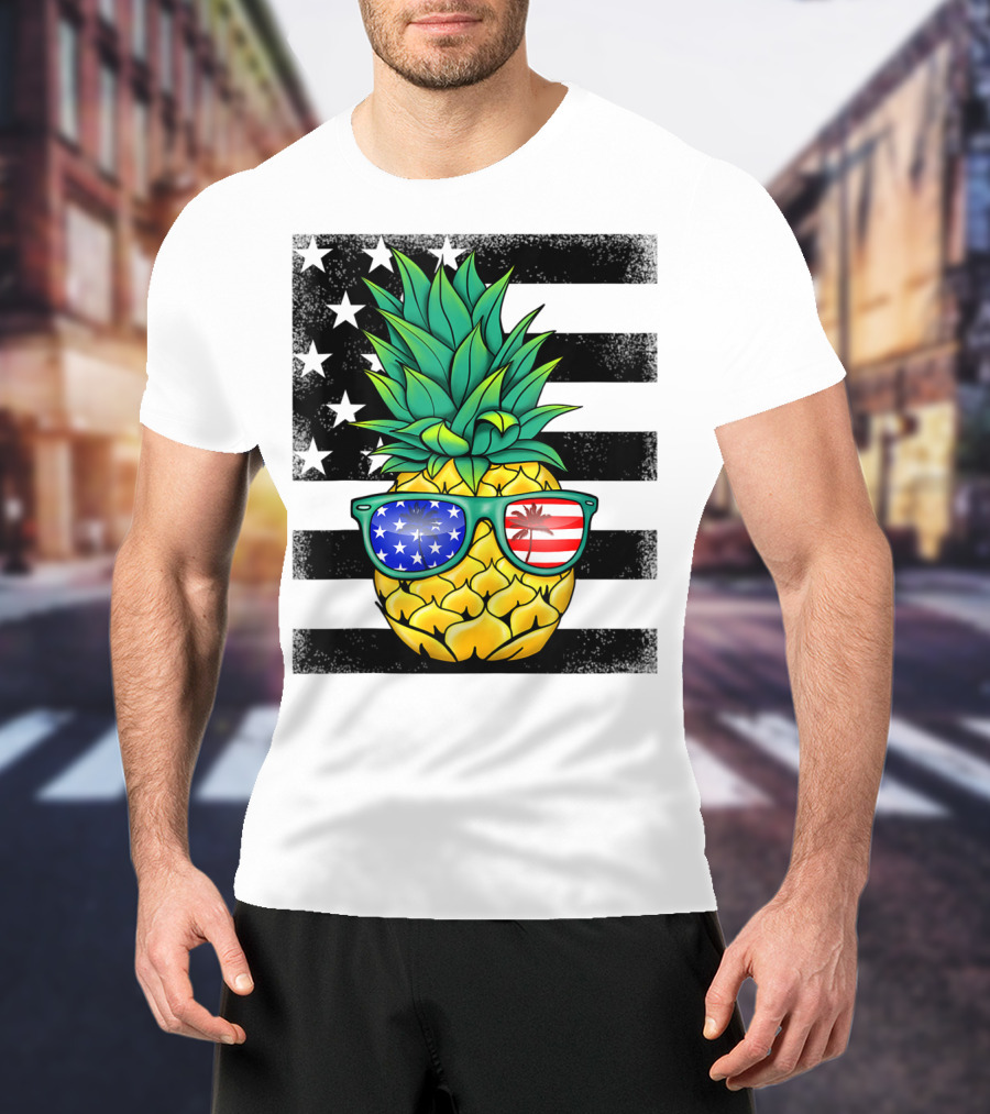 Hawaiian Pineapple With American Flag Sunglasses On Distressed Stars And Stripes Background T-Shirt