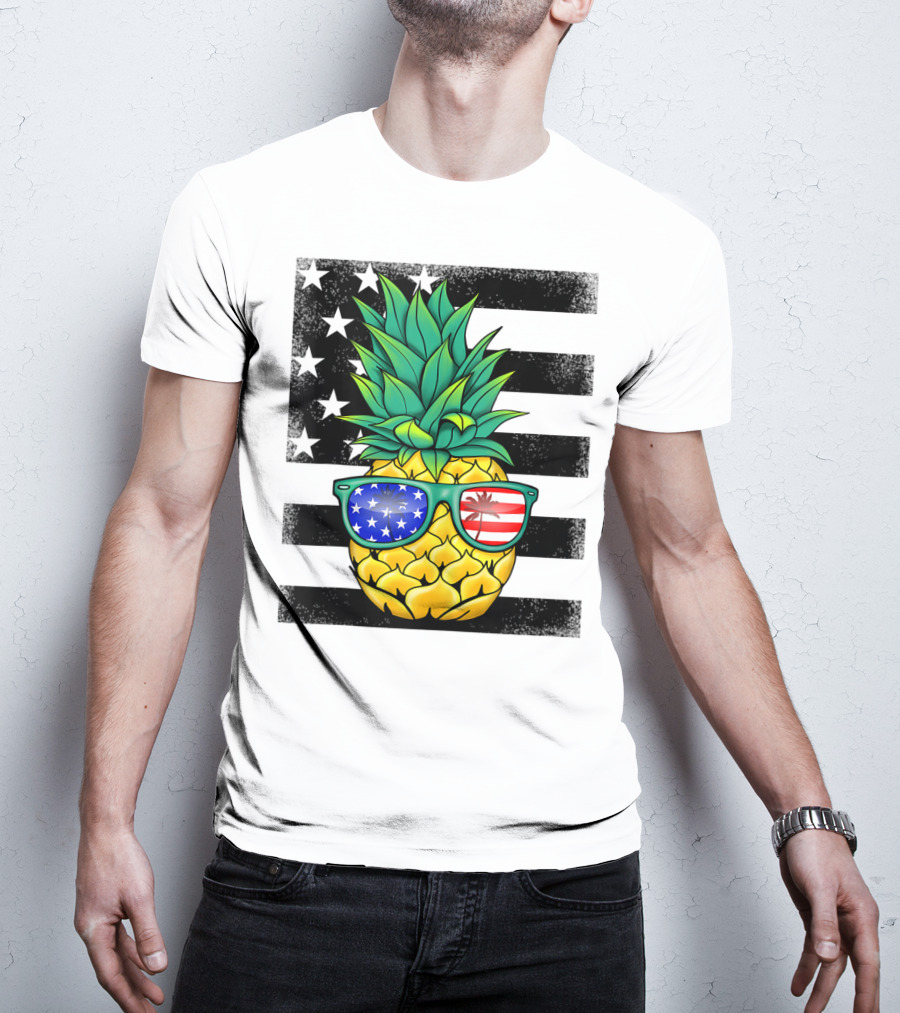 Hawaiian Pineapple With American Flag Sunglasses On Distressed Stars And Stripes Background T-Shirt