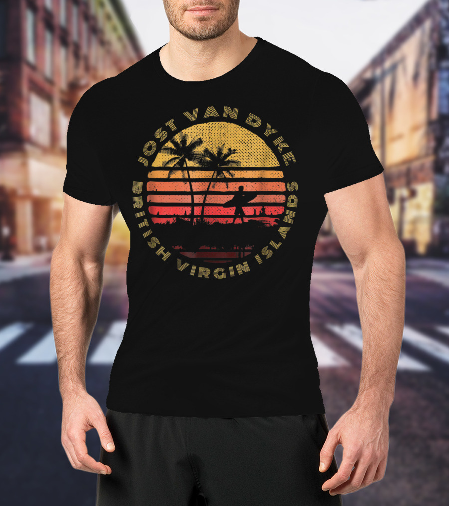 Jost Van Dyke British Virgin Islands Sunset Palm Trees Surfer T-Shirt