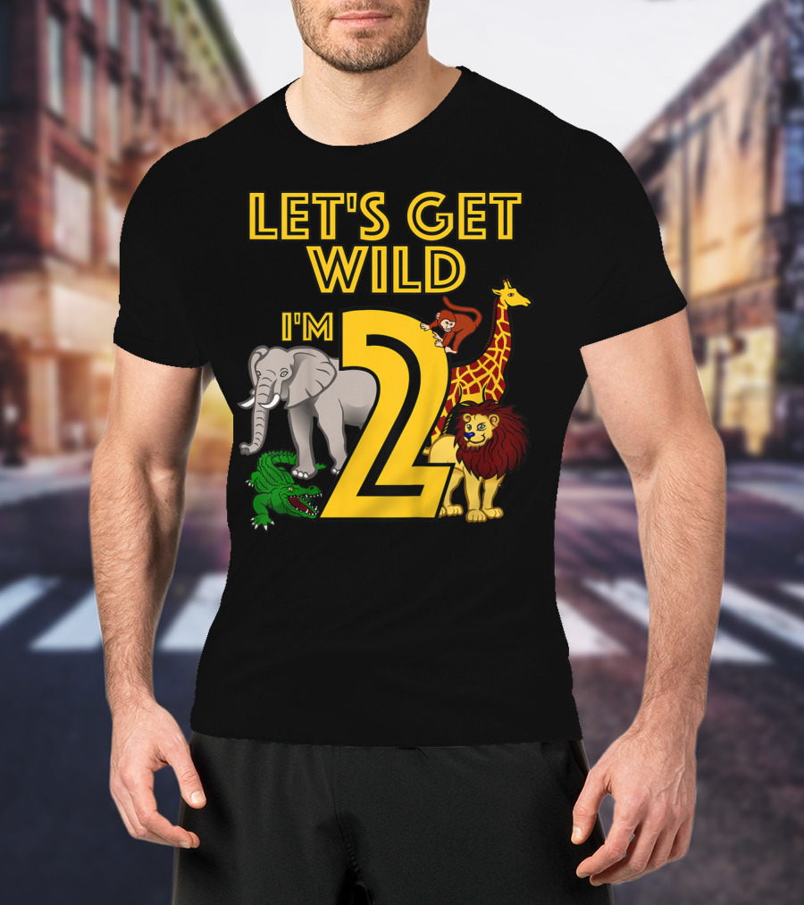 Let's Get Wild I'm 2 Elephant Giraffe Lion Crocodile Birthday Safari Jungle Kids 2 Year Old Zoo T-Shirt