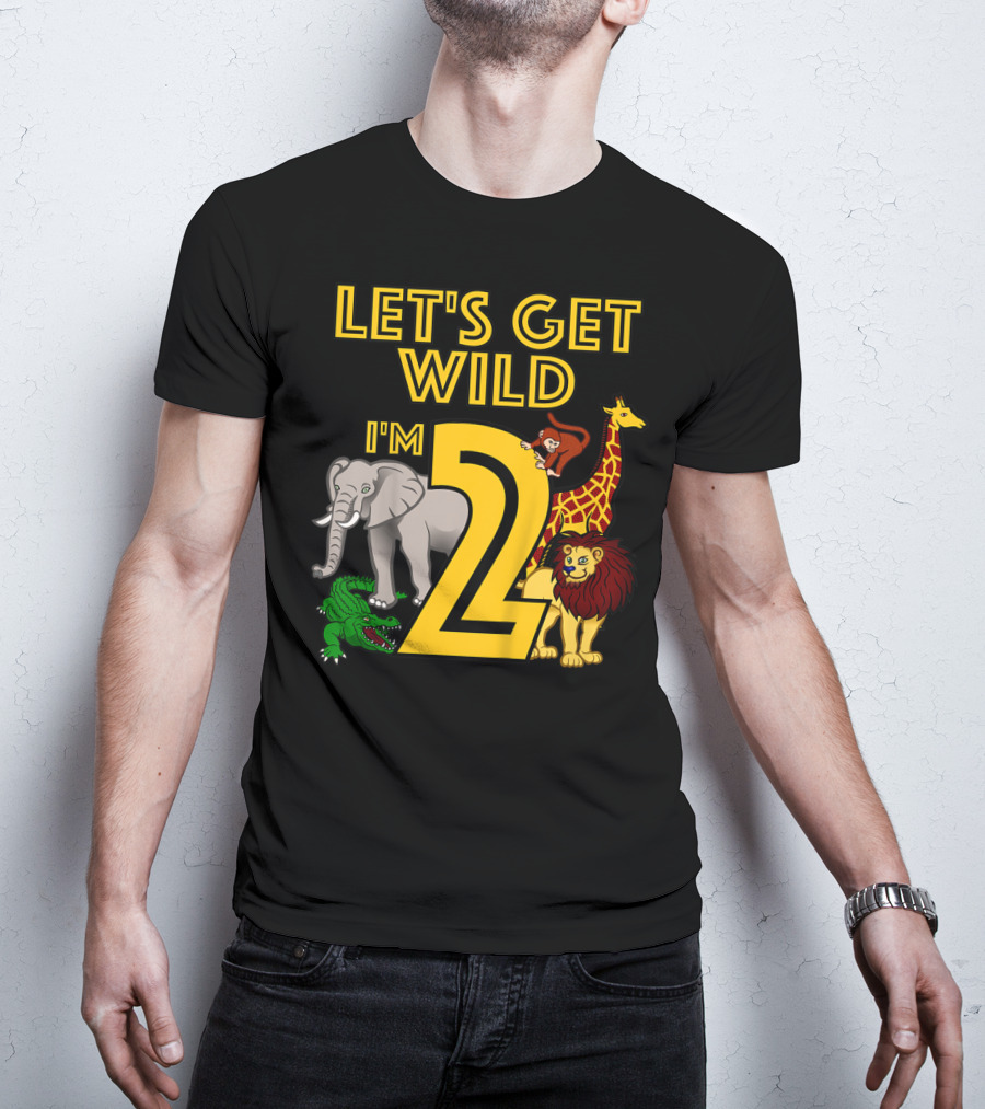 Let's Get Wild I'm 2 Elephant Giraffe Lion Crocodile Birthday Safari Jungle Kids 2 Year Old Zoo T-Shirt