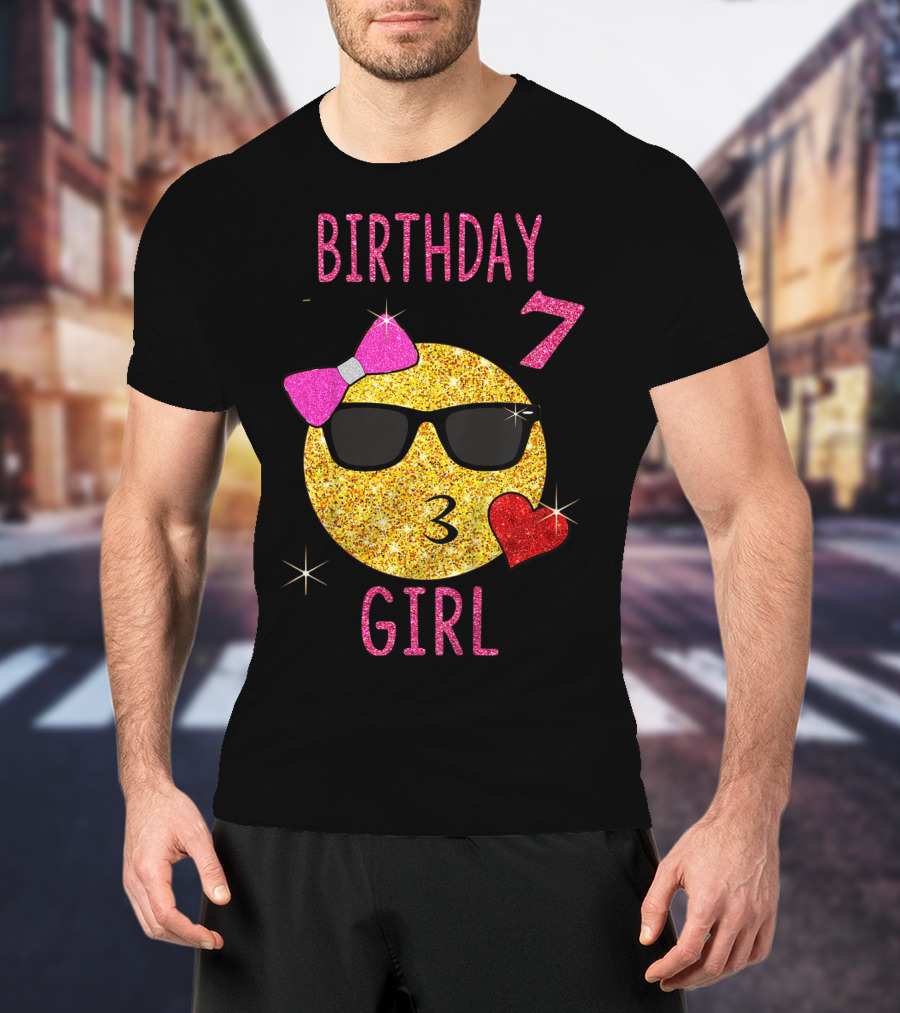 Birthday 7 Girl 7 Years Old Emoji Wearing Sunglasses Bow Heart T-Shirt