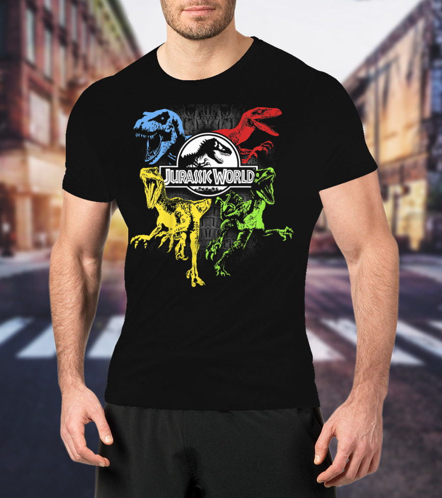 Jurassic World Raptors In Primary Colors Red Blue Yellow Green T-Shirt
