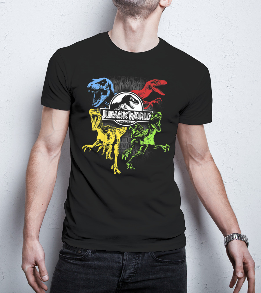 Jurassic World Raptors In Primary Colors Red Blue Yellow Green T-Shirt