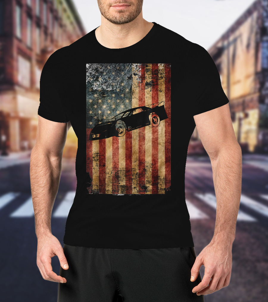 Late Model Dirt Track Racing Distressed American Flag Car T-Shirt