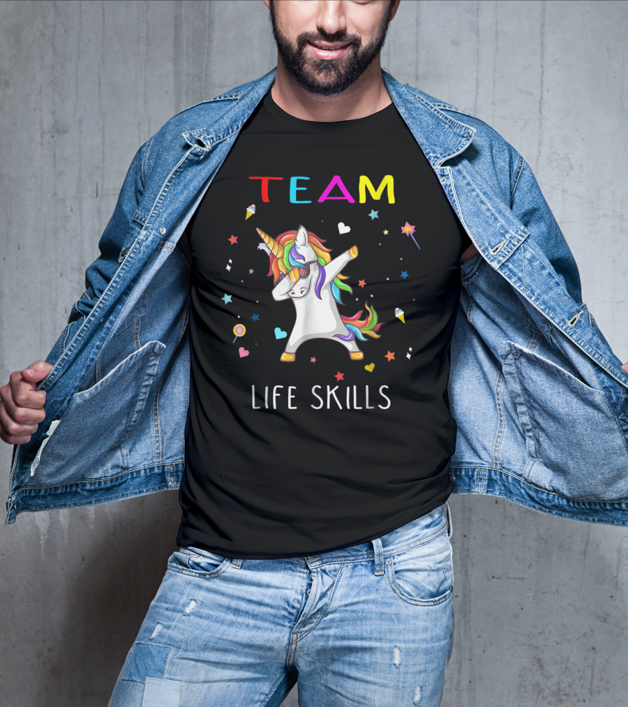 TEAM LIFE SKILLS Unicorn Dabbing Stars And Hearts T-Shirt