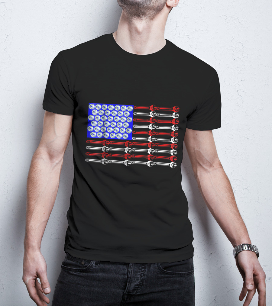 Mechanic Proud American Patriotic USA Flag With Wrenches And Nuts T-Shirt