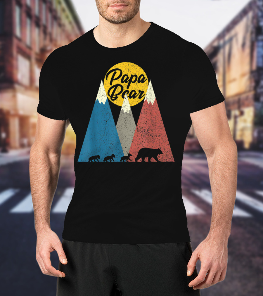 Papa Bear Three Cubs Mountains Retro Triplet Dad T-Shirt